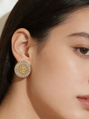 Gold Medallion Lion Stud Earrings with Crystal Halo